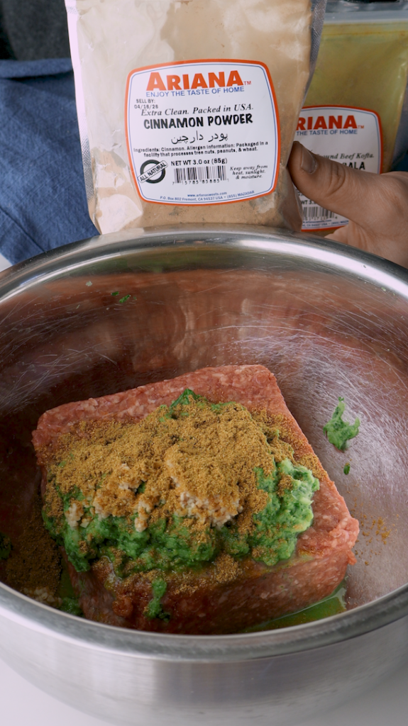 Add minced garlic, an egg, cinnamon, salt, and Ariana Sweet’s Kofta Beef Masala seasoning, and thoroughly mix together. 

Without this seasoning, add a mix of coriander, cumin, and black pepper.